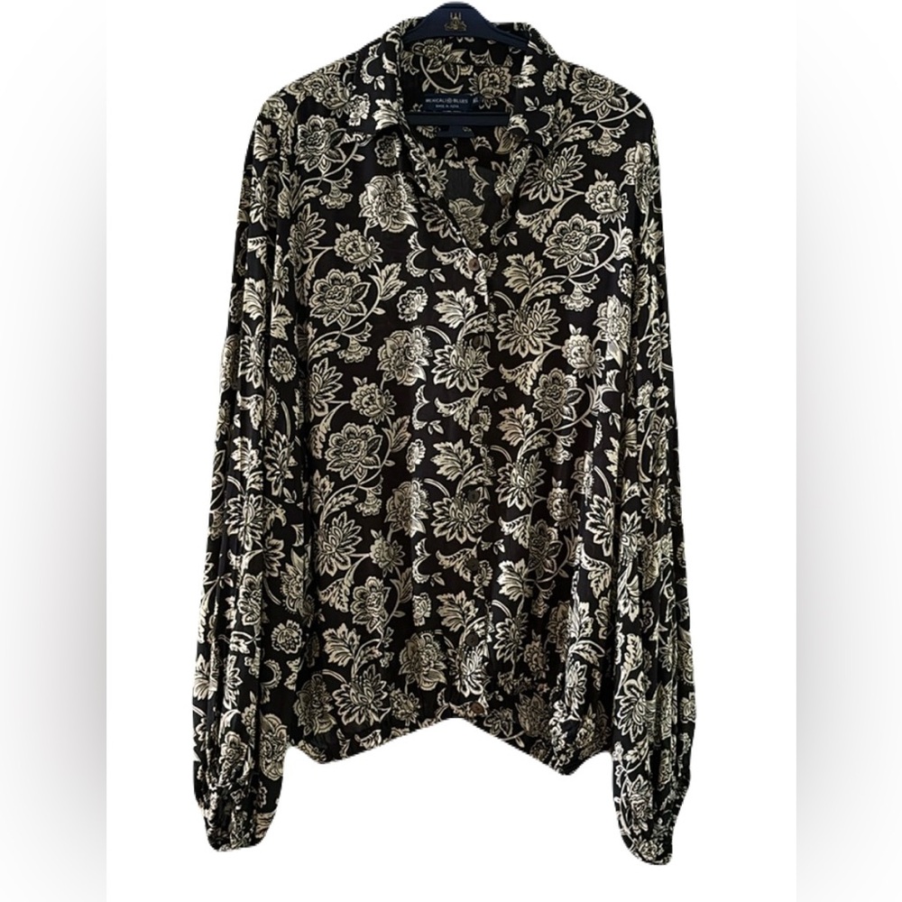 Mexicali Blues button-down Blouse Oversized long sleeve black & tan floral